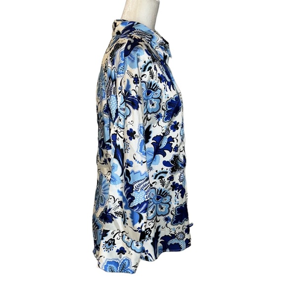 NWT Zara Navy Aqua Blue & White Floral Satin Button Down Blouse - L - Picture 9 of 16
